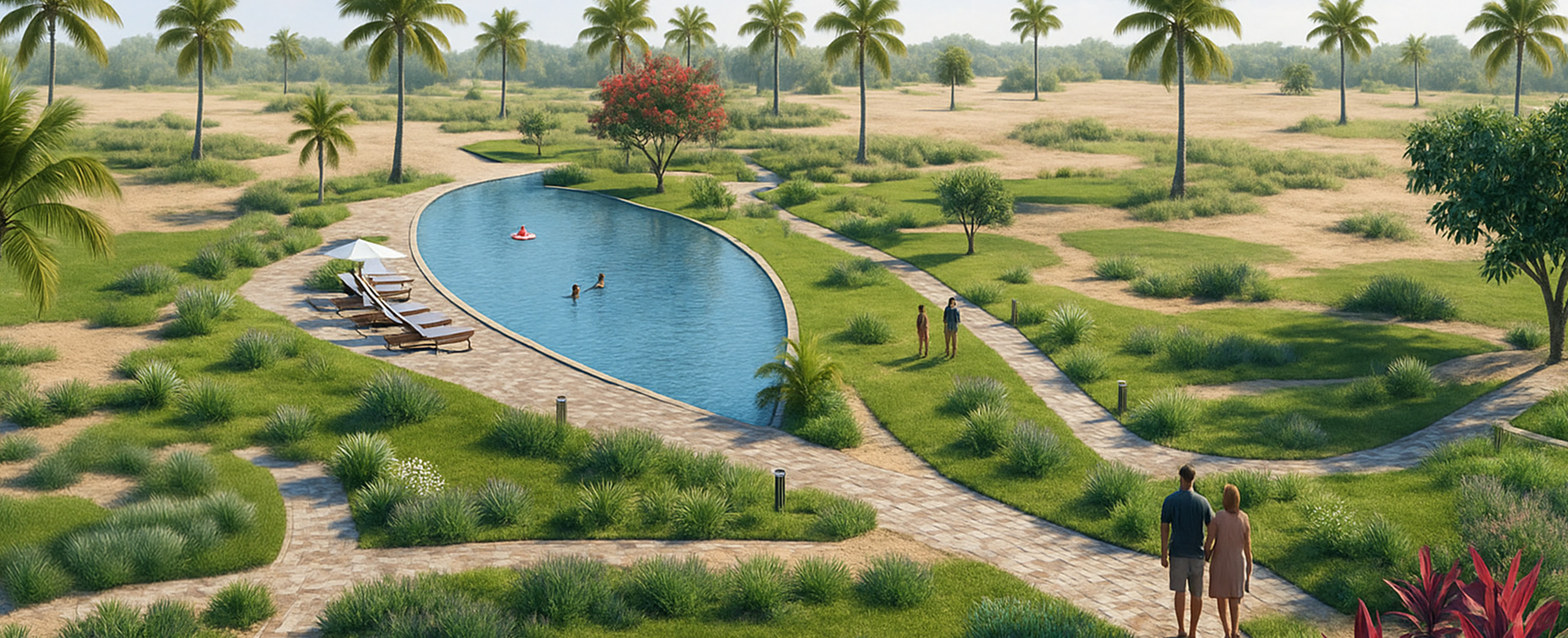 Landscaped lagoon pool and palm gardens at Riviera, Hawana Salalah, Oman